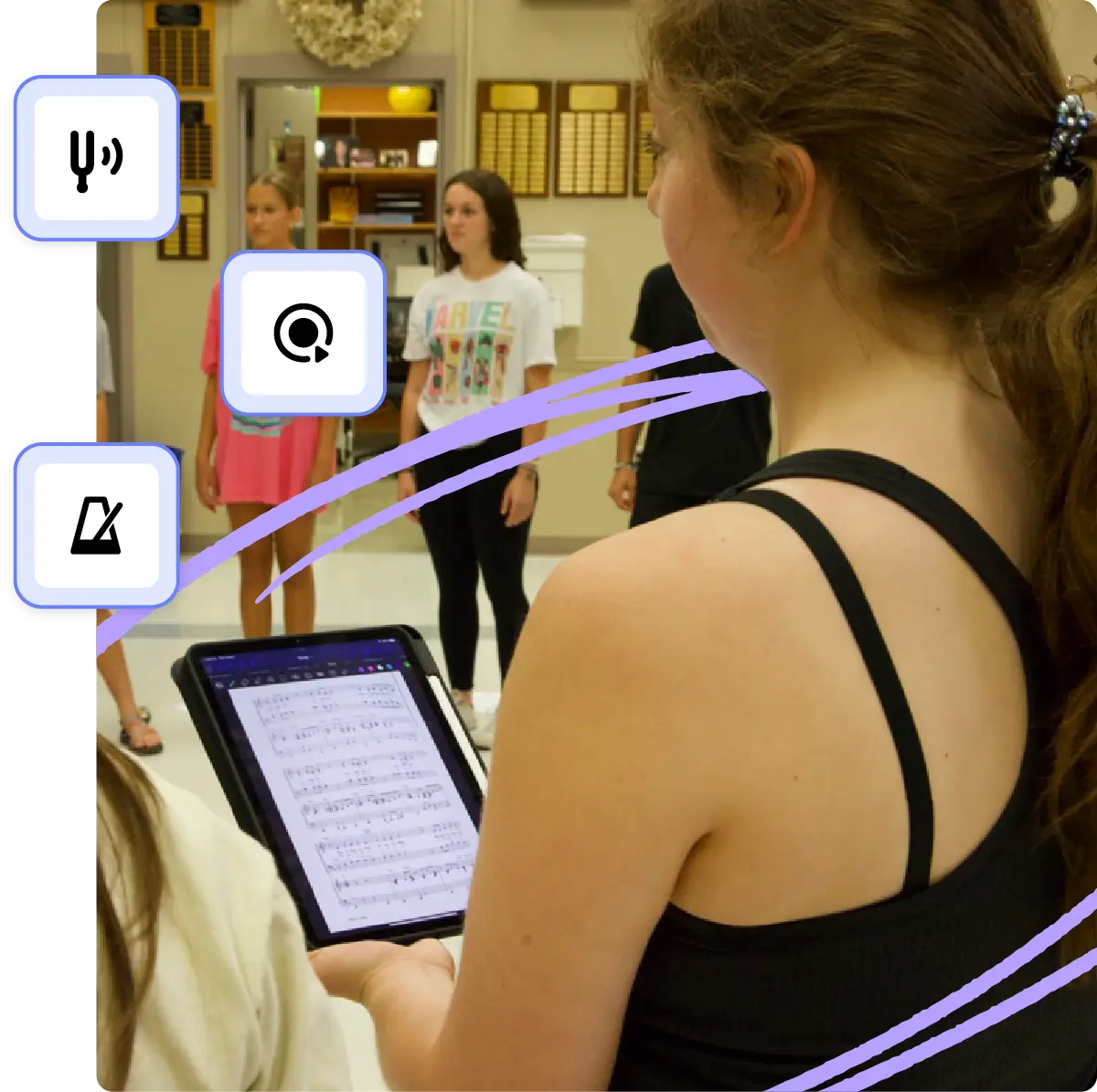 Student practicing baritone saxophone from MakeMusic Cloud app in classroom setting