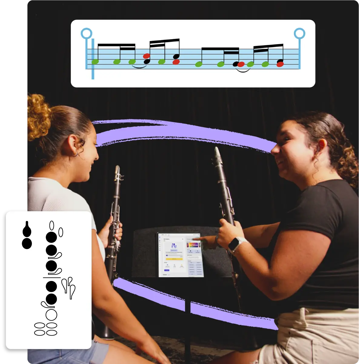 Student in orchestral setting playing flute with in-app accompaniment controls overlaid