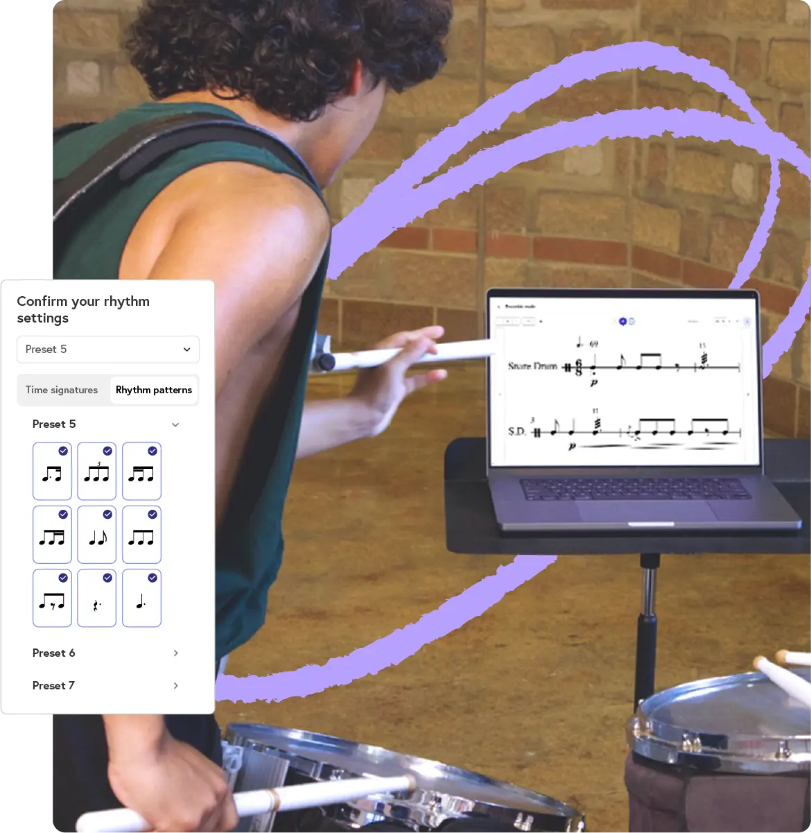 Student composing music on a laptop with notation overlay