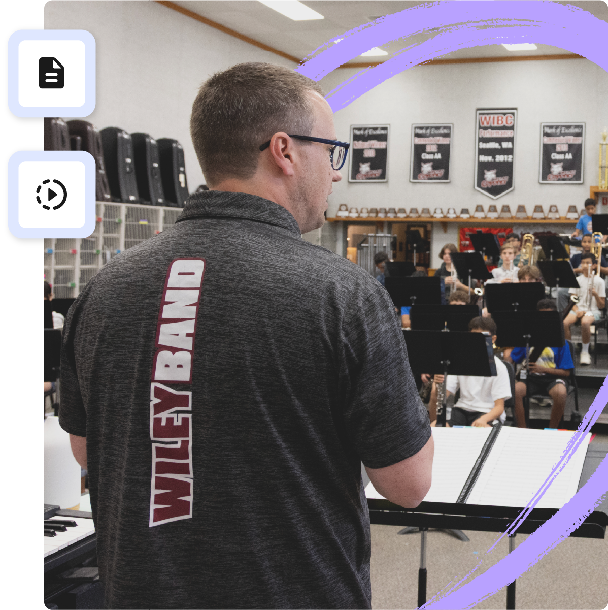 Band director conducting rehearsal in a classroom setting