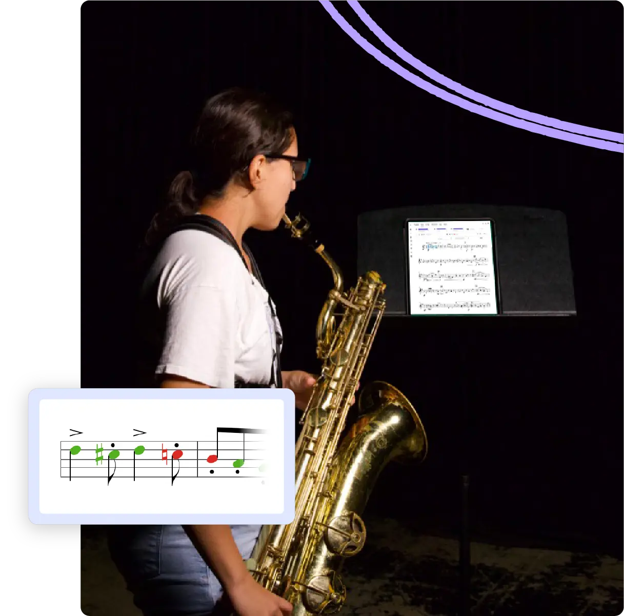 Student practicing baritone saxophone from MakeMusic Cloud app in classroom setting