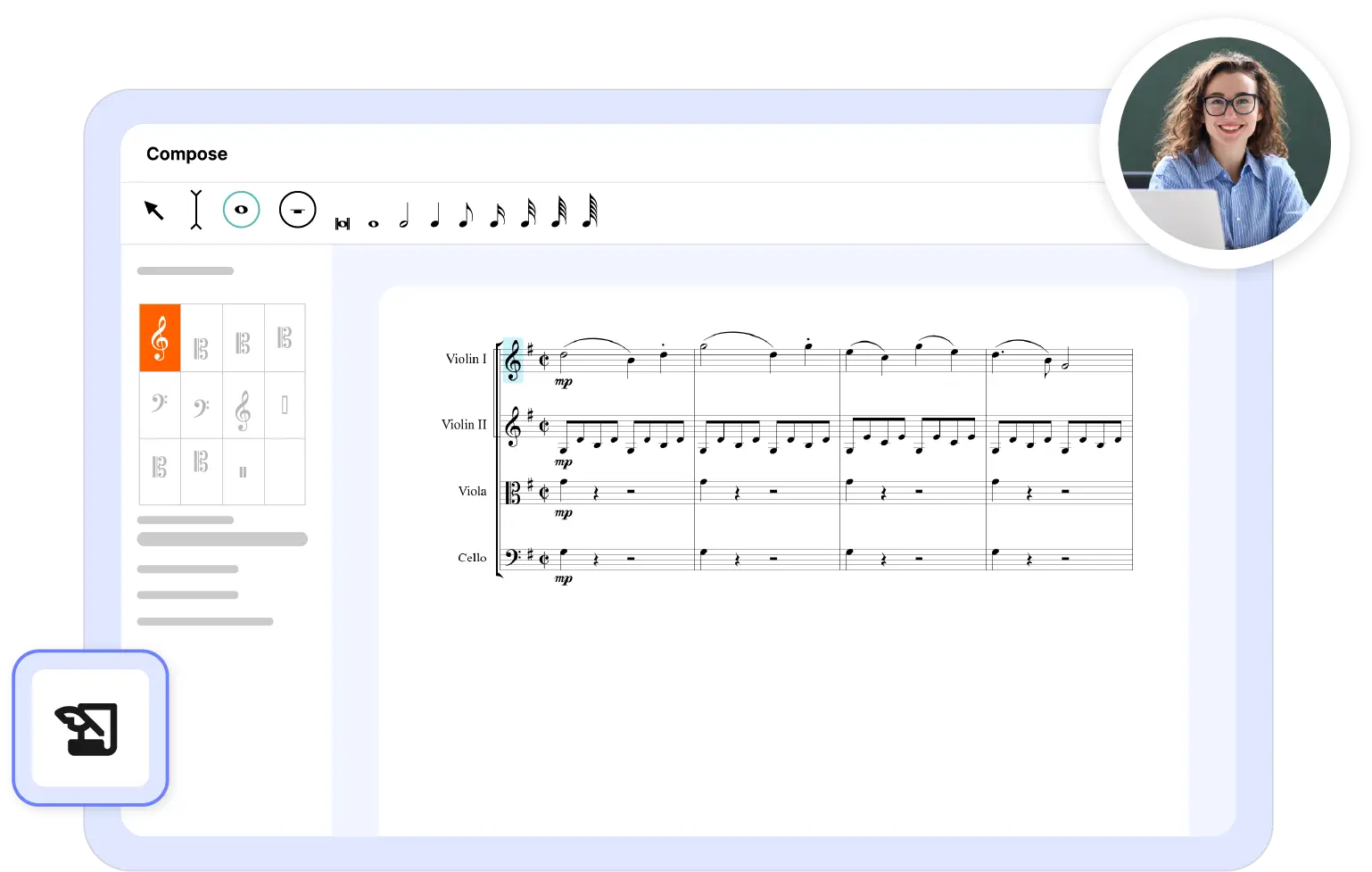 Compose feature interface showing music notation being drafted with in-app guidance.