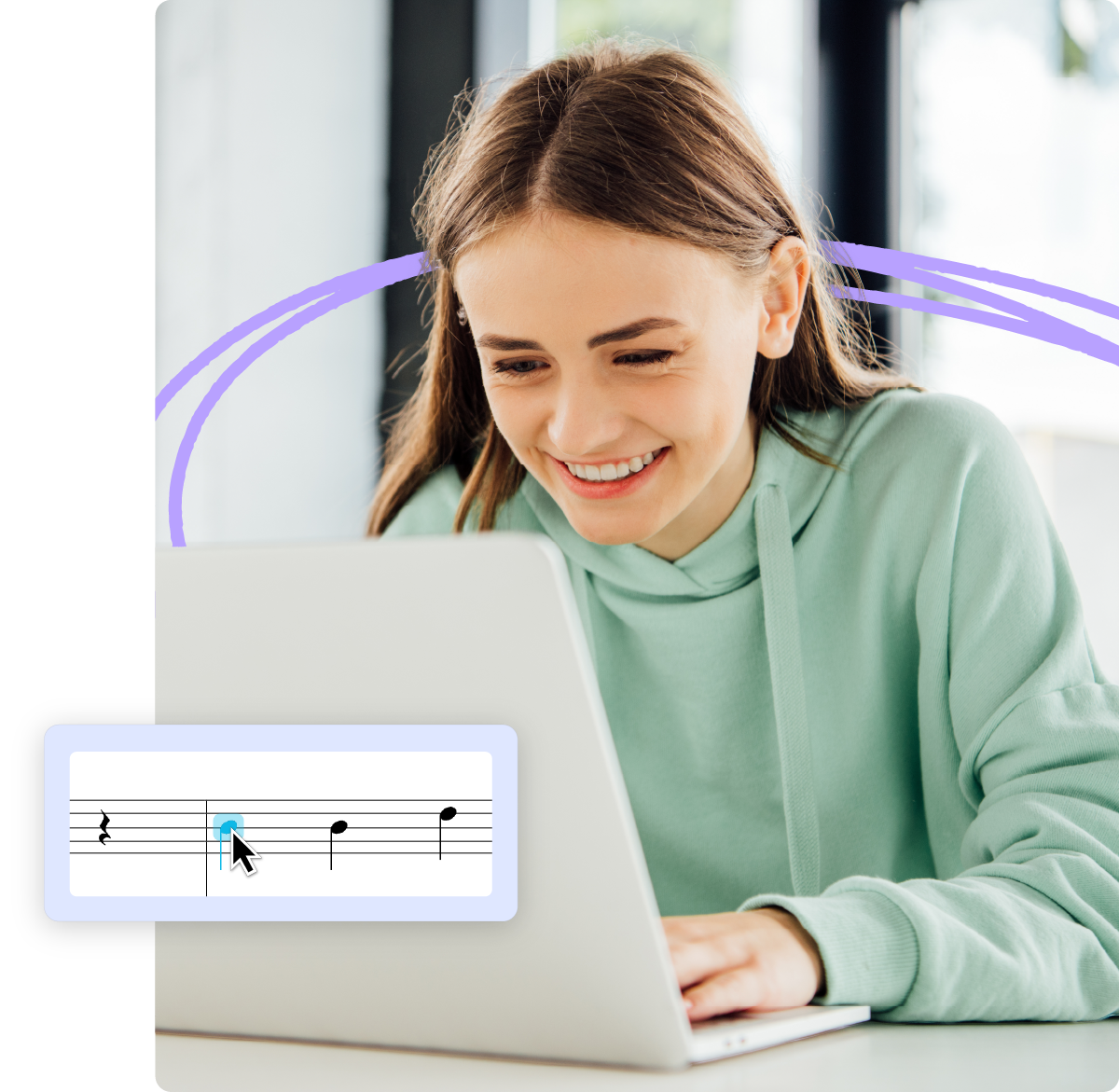 Student composing music on a laptop with notation overlay
