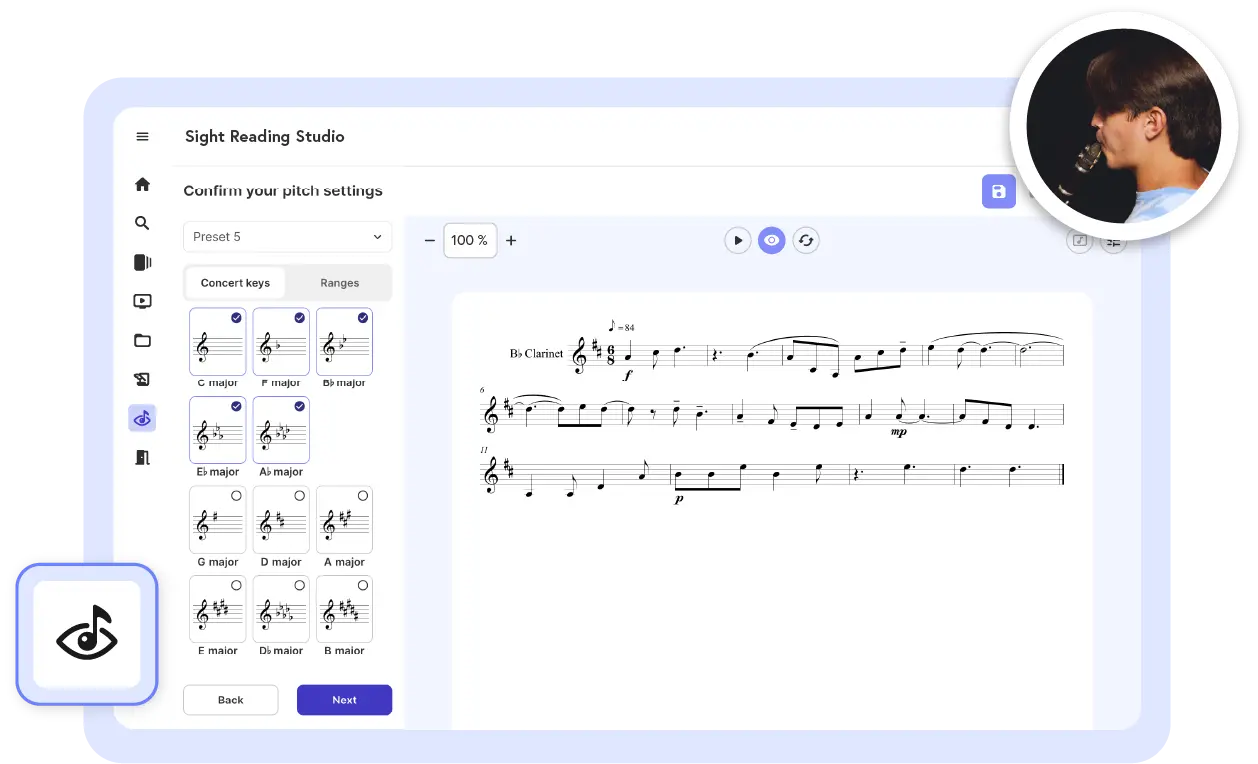Compose feature interface showing music notation being drafted with in-app guidance.