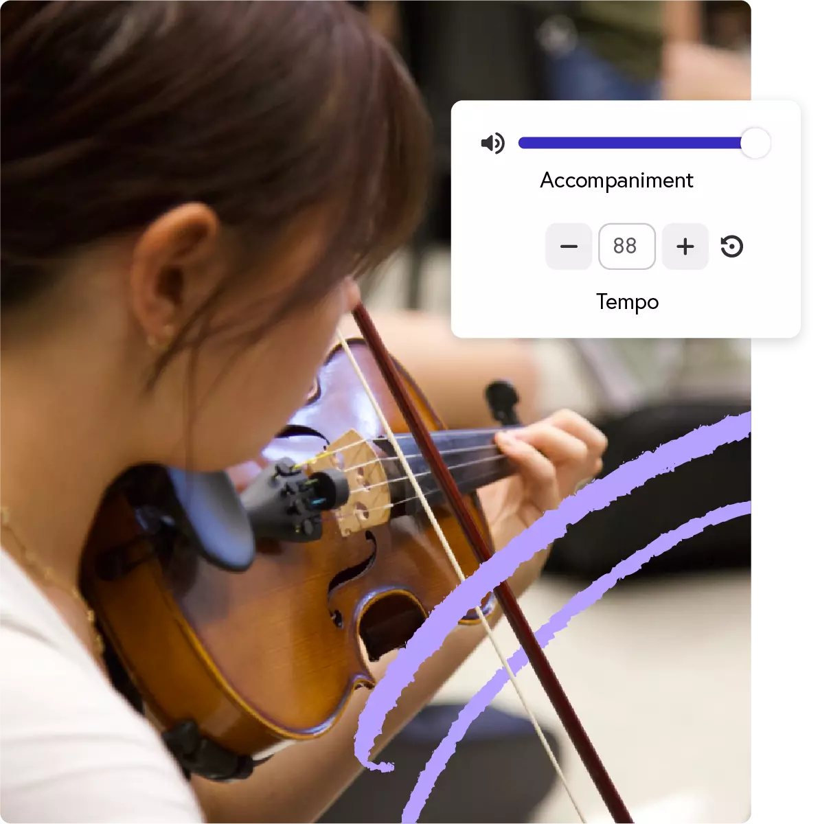 Student playing violin in classroom setting with accompaniment controls overlay