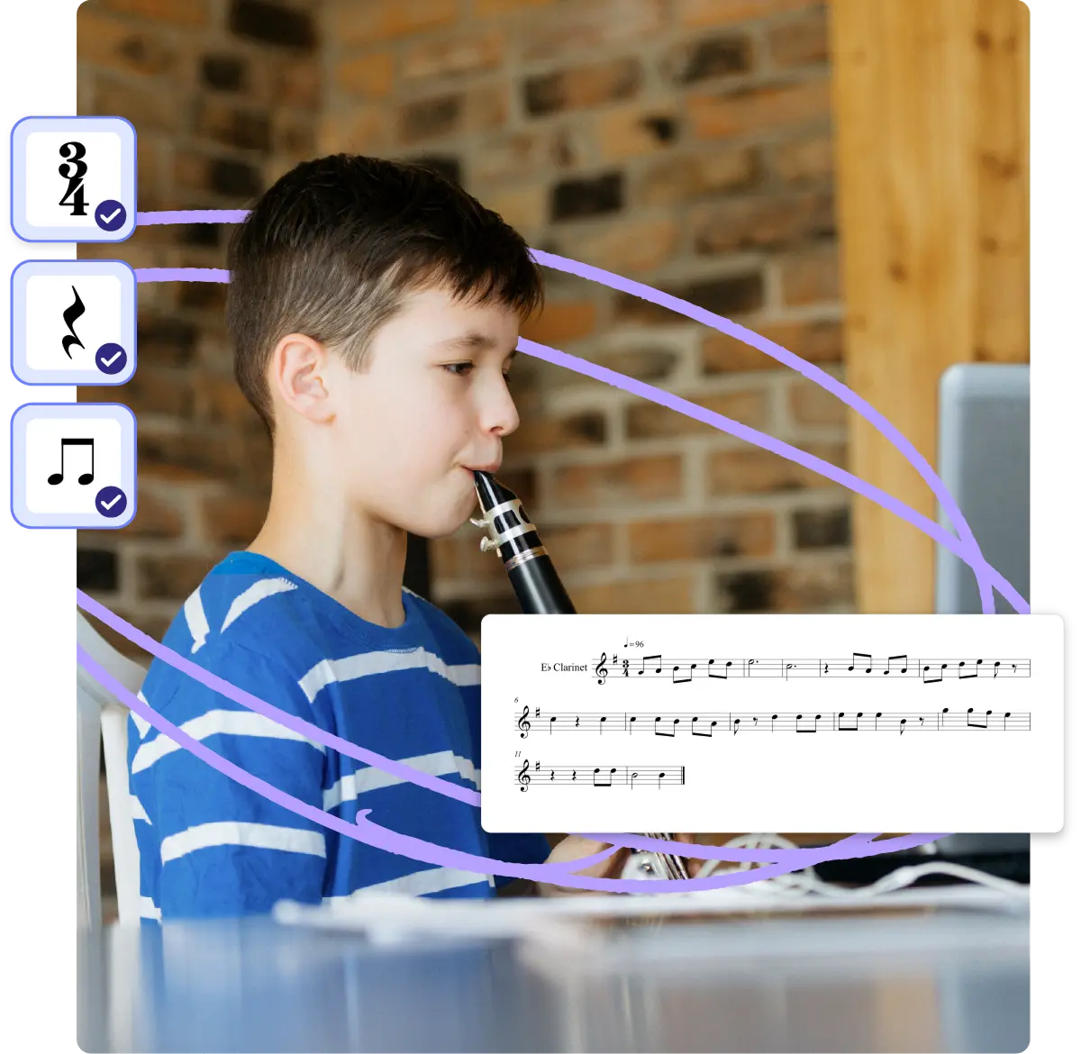 A young boy playing the clarinet with musical notation and icons for rhythm, pitch, and notes floating around him, illustrating sight reading practice.