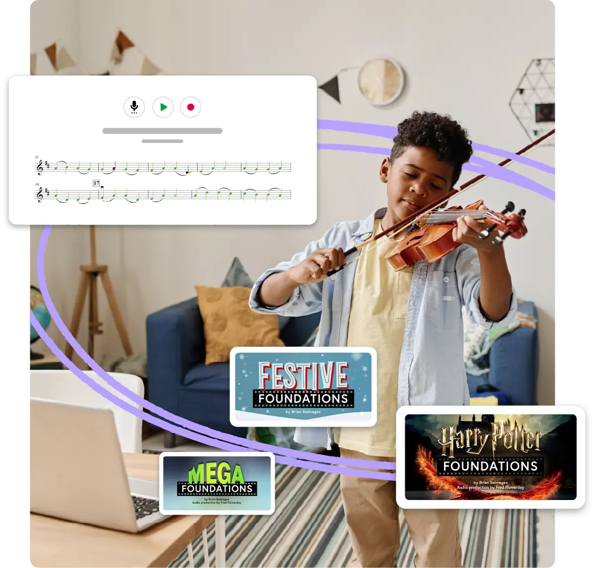 A boy playing a violin with various 'Foundations' series covers like 'Festive Foundations' and 'Harry Potter Foundations' displayed, showcasing the Foundations Series.