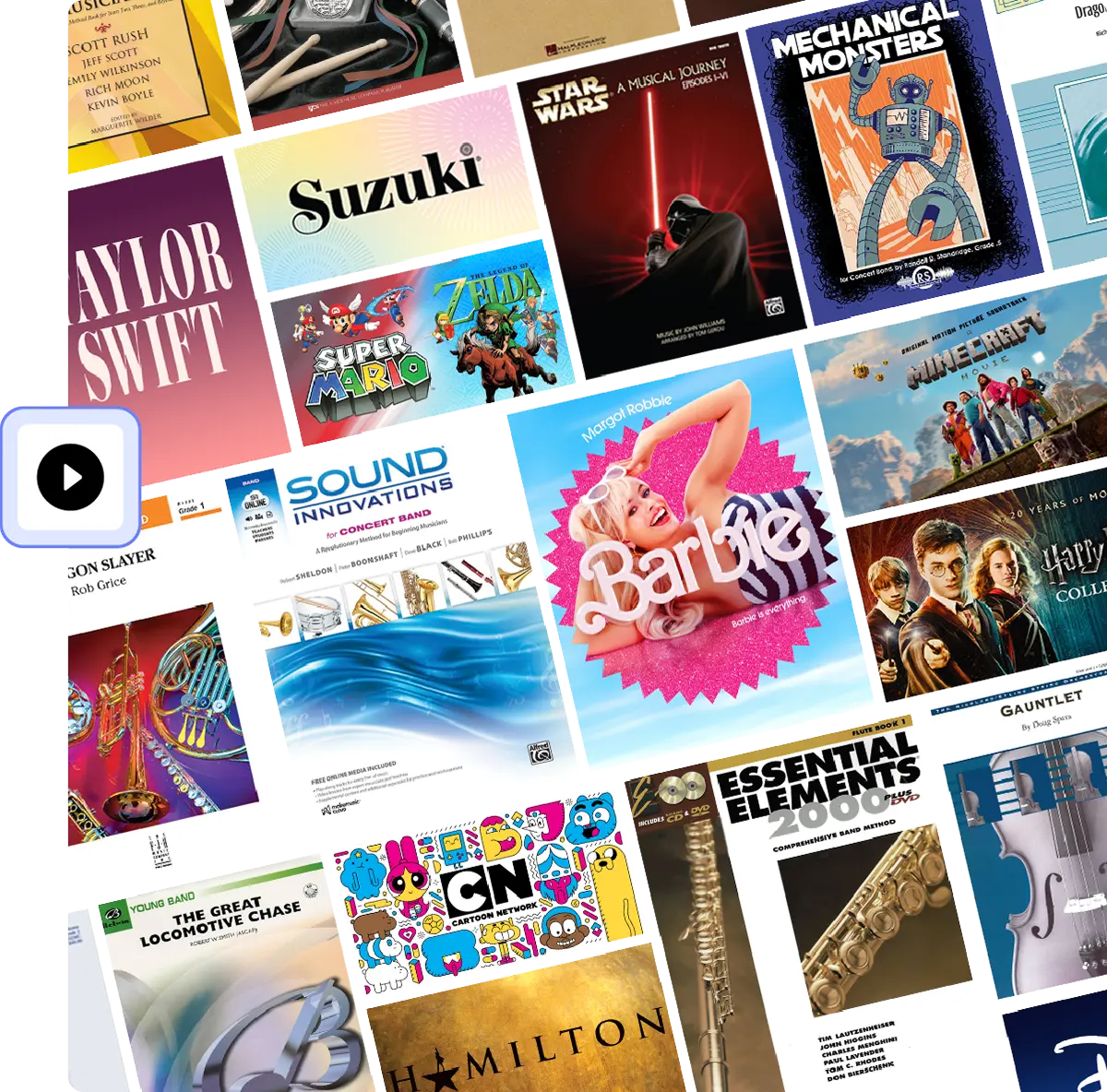 Collage of various music book covers including Suzuki, Taylor Swift, Super Mario, and Barbie, representing a vast music catalog.