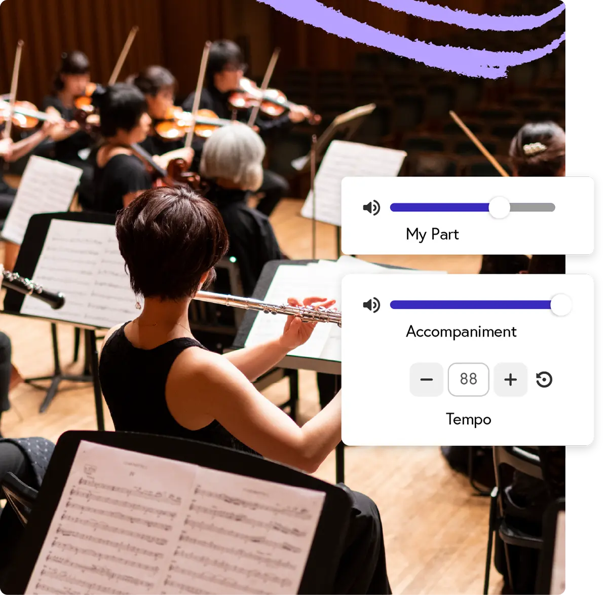 Student in orchestral setting playing flute with in-app accompaniment controls overlaid