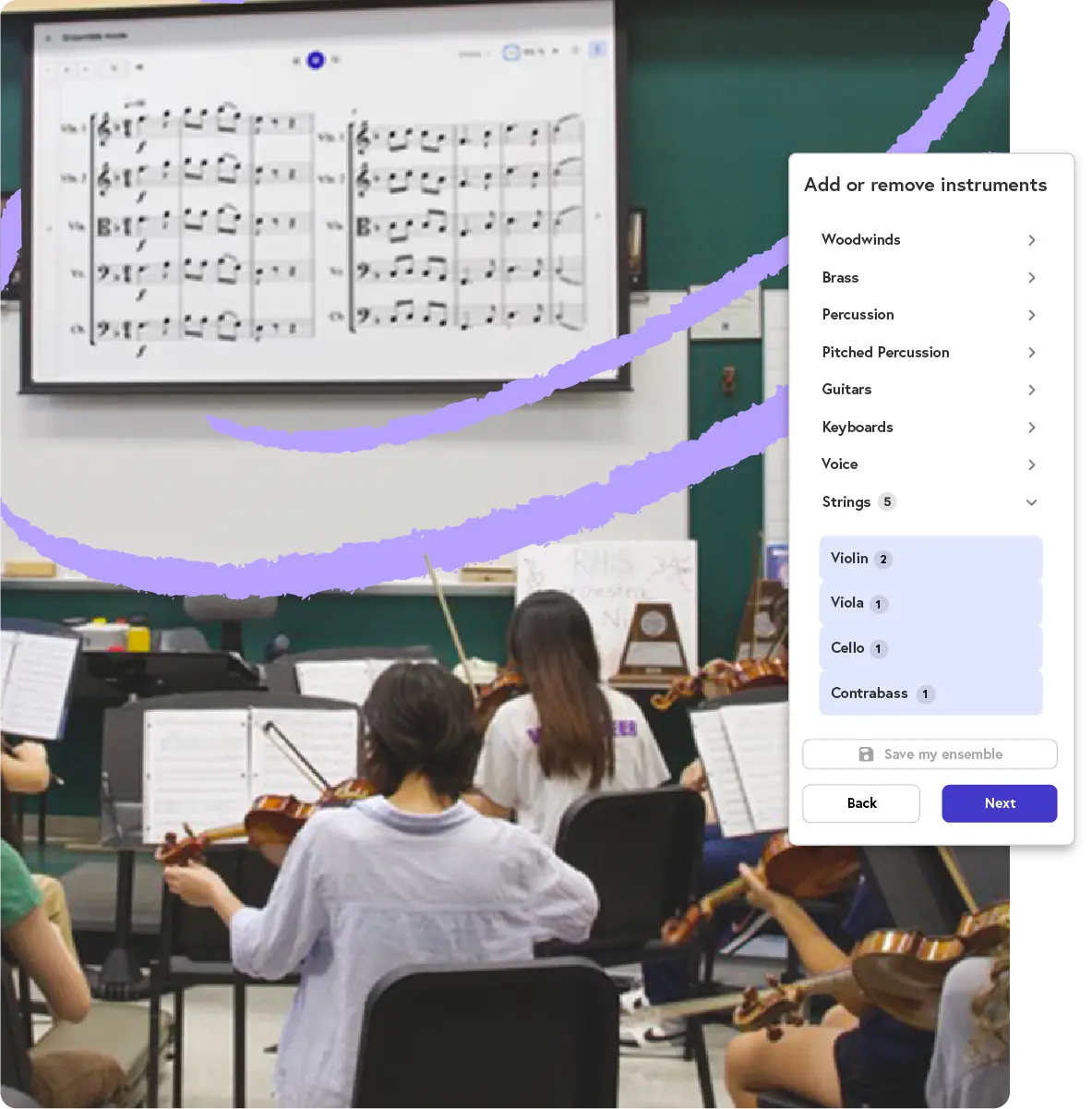 Student playing violin in classroom setting