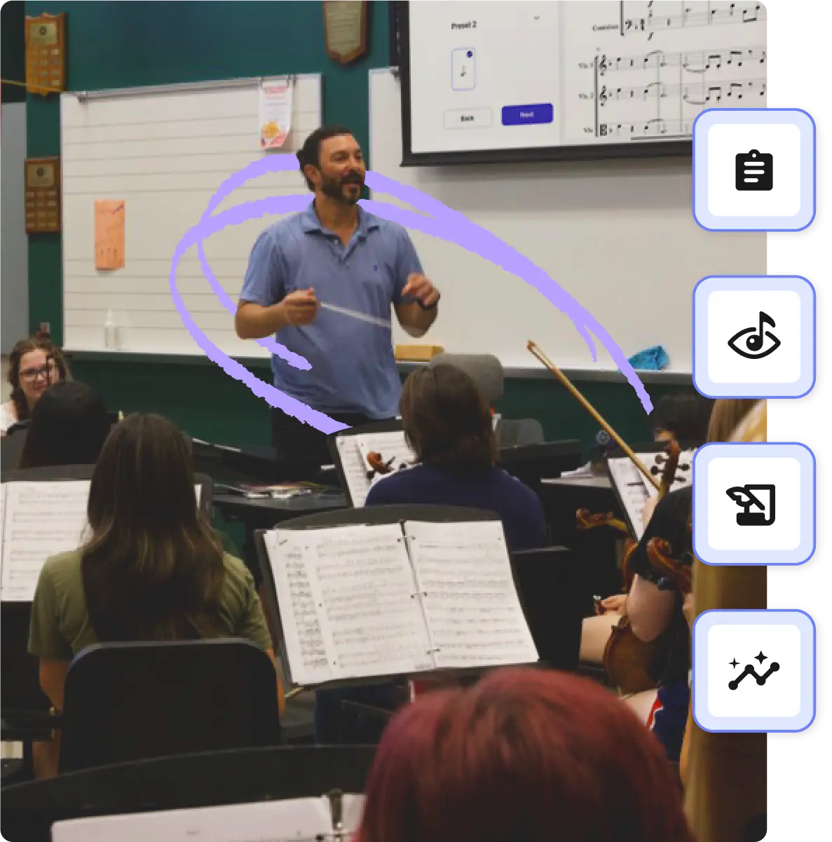 Student practicing baritone saxophone from MakeMusic Cloud app in classroom setting