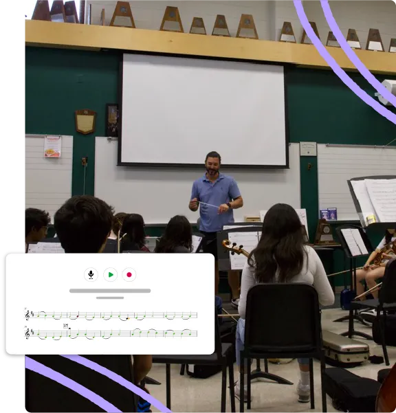 Student composing music on a laptop with notation overlay