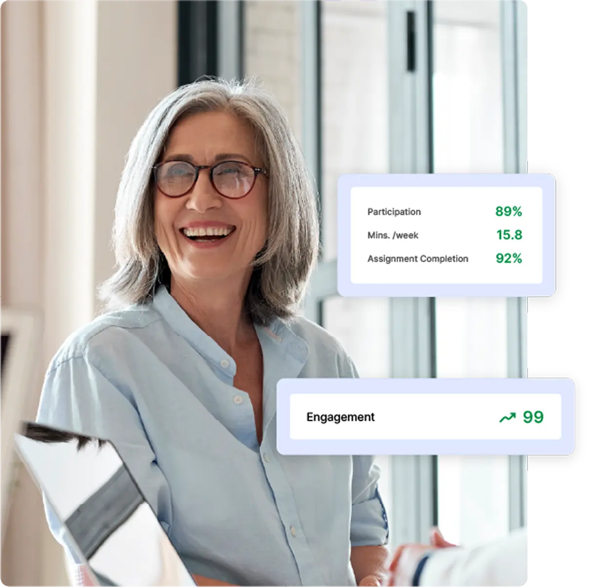 Teacher happily discussing metrics with analytics screenshot overlays