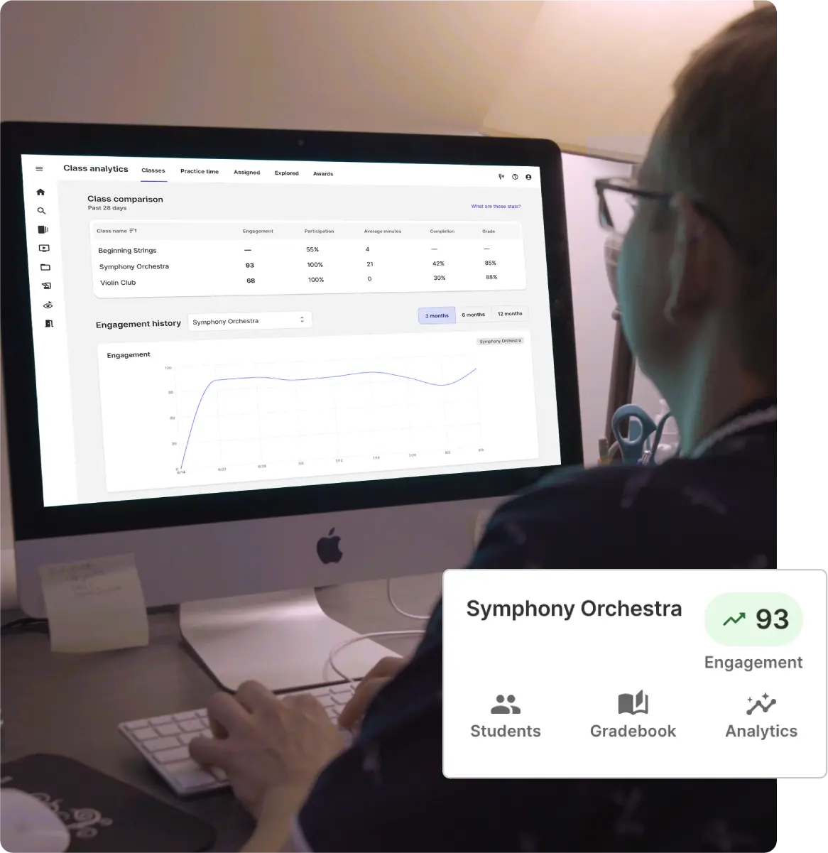 Student practicing baritone saxophone from MakeMusic Cloud app in classroom setting