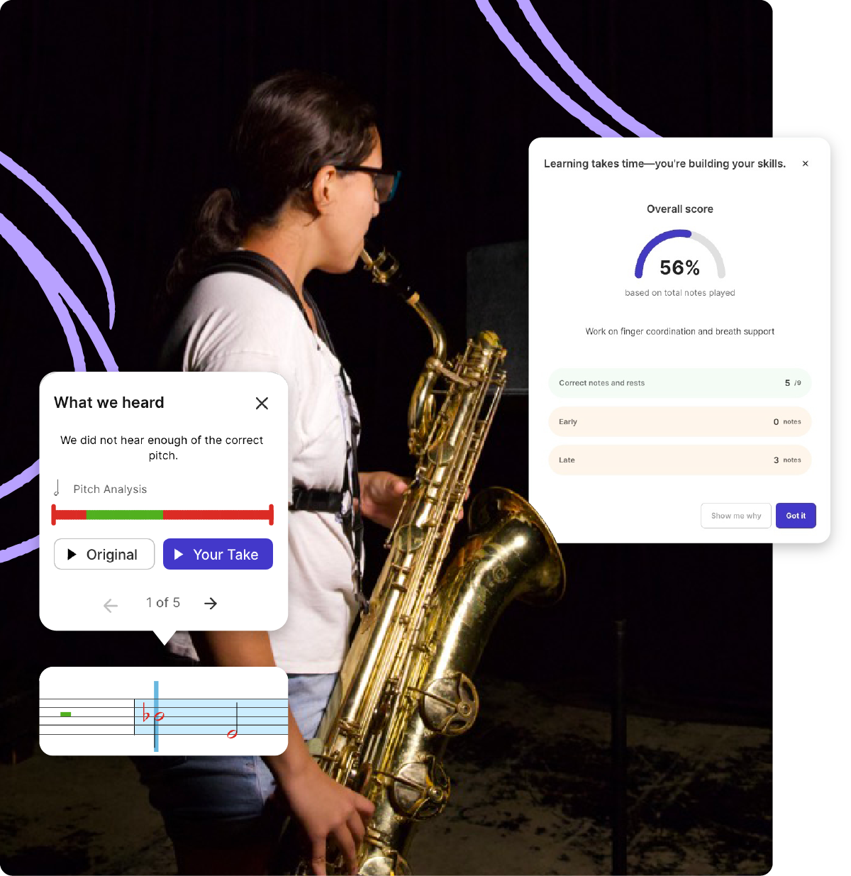 Student practicing baritone saxophone from MakeMusic Cloud app in classroom setting